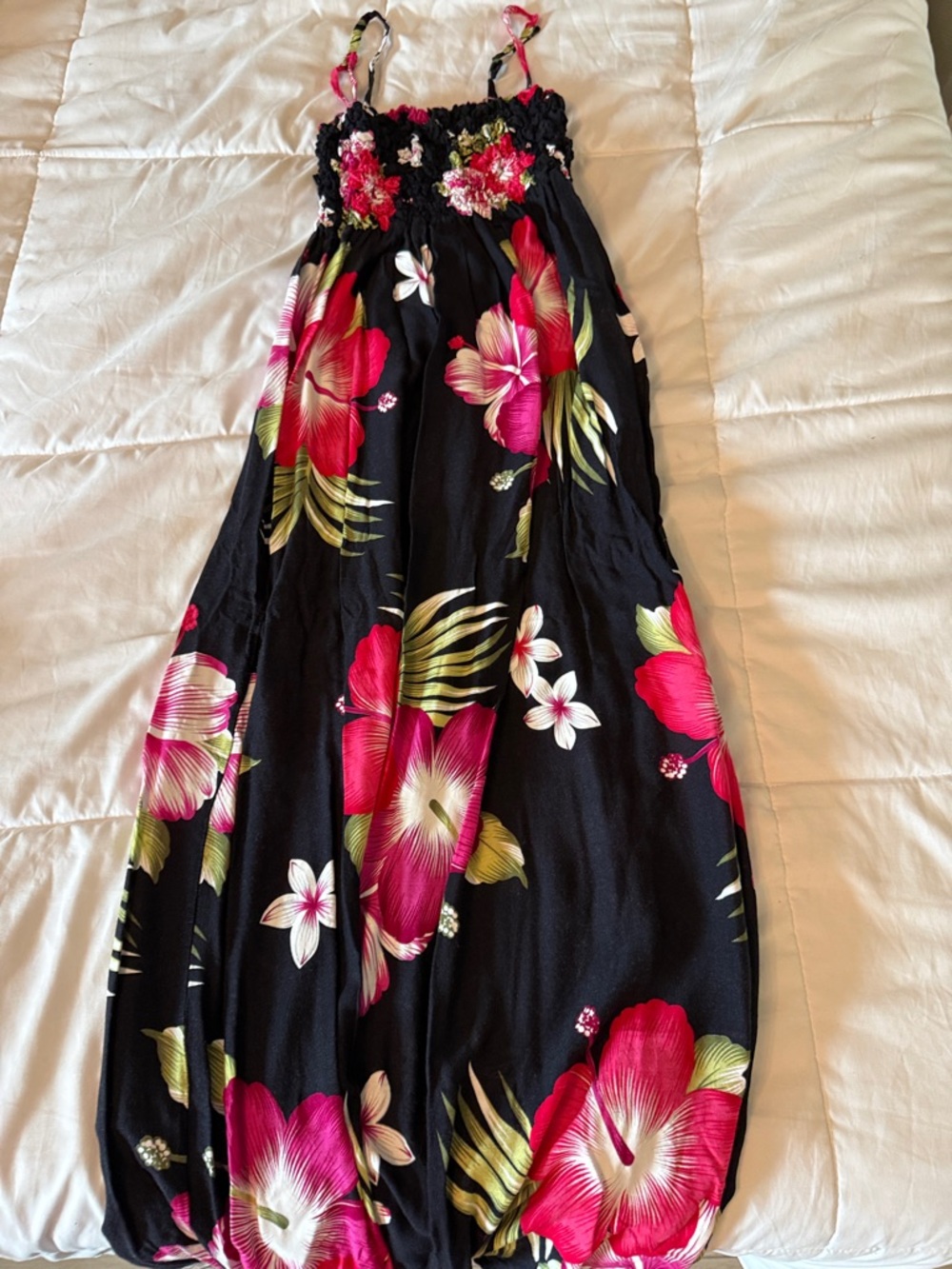 Black Tropical Floral Maxi Dress with Pink & Green Print